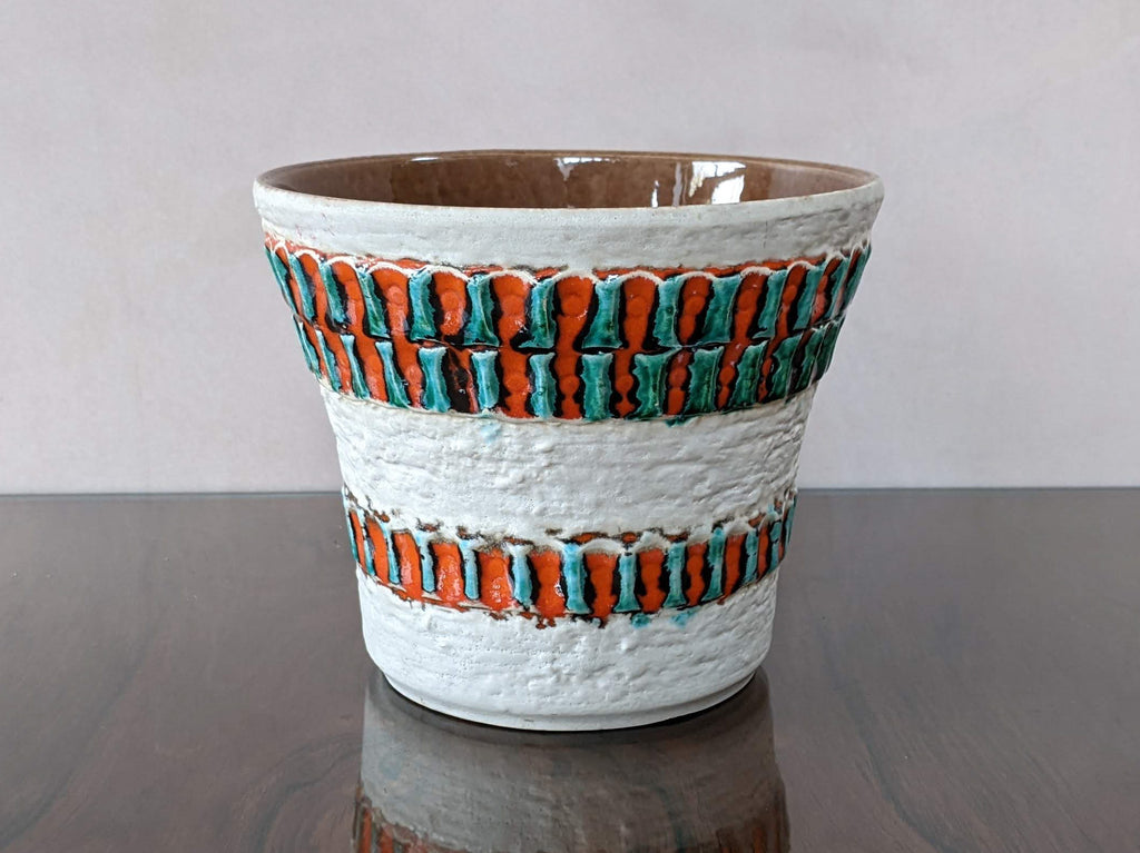 Vintage Ü Keramik indoor plant pot with white, orange & green decoration