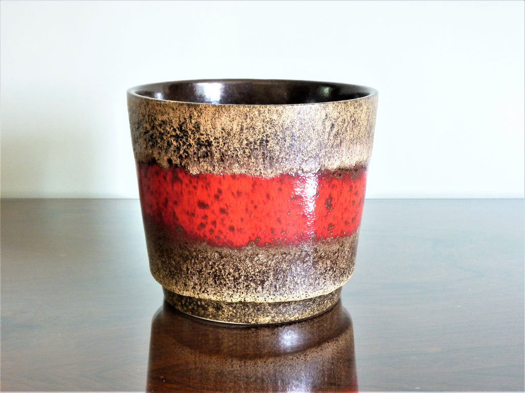 Scheurich planter, speckled brown lava effect with red band