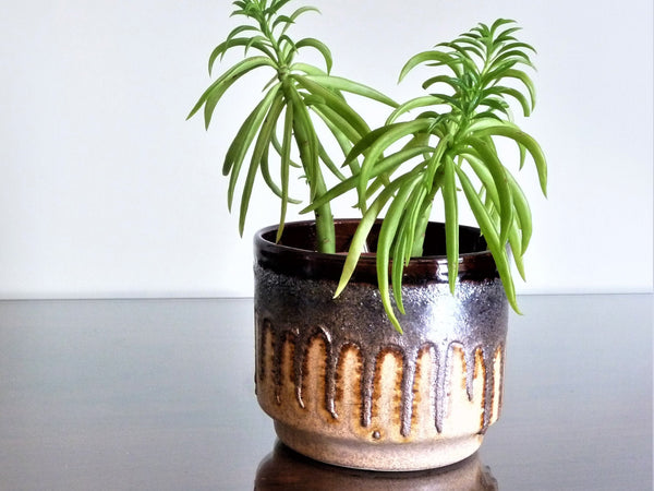 Vintage indoor plant pot, silver drip glaze